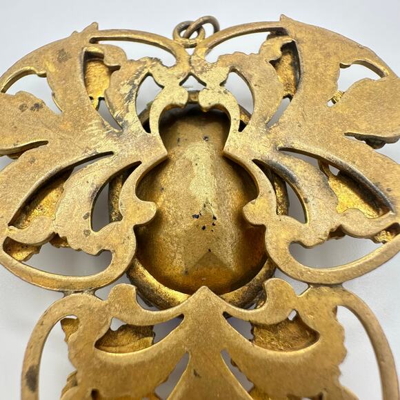 Antique Art Deco 1920s blue Czech glass rhinestone gold gilt grapes pendant - Picture 5 of 6